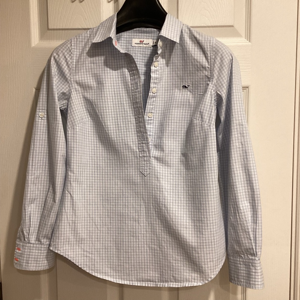 Vineyard Vines Gingham half Button Down Blouse, Size 00